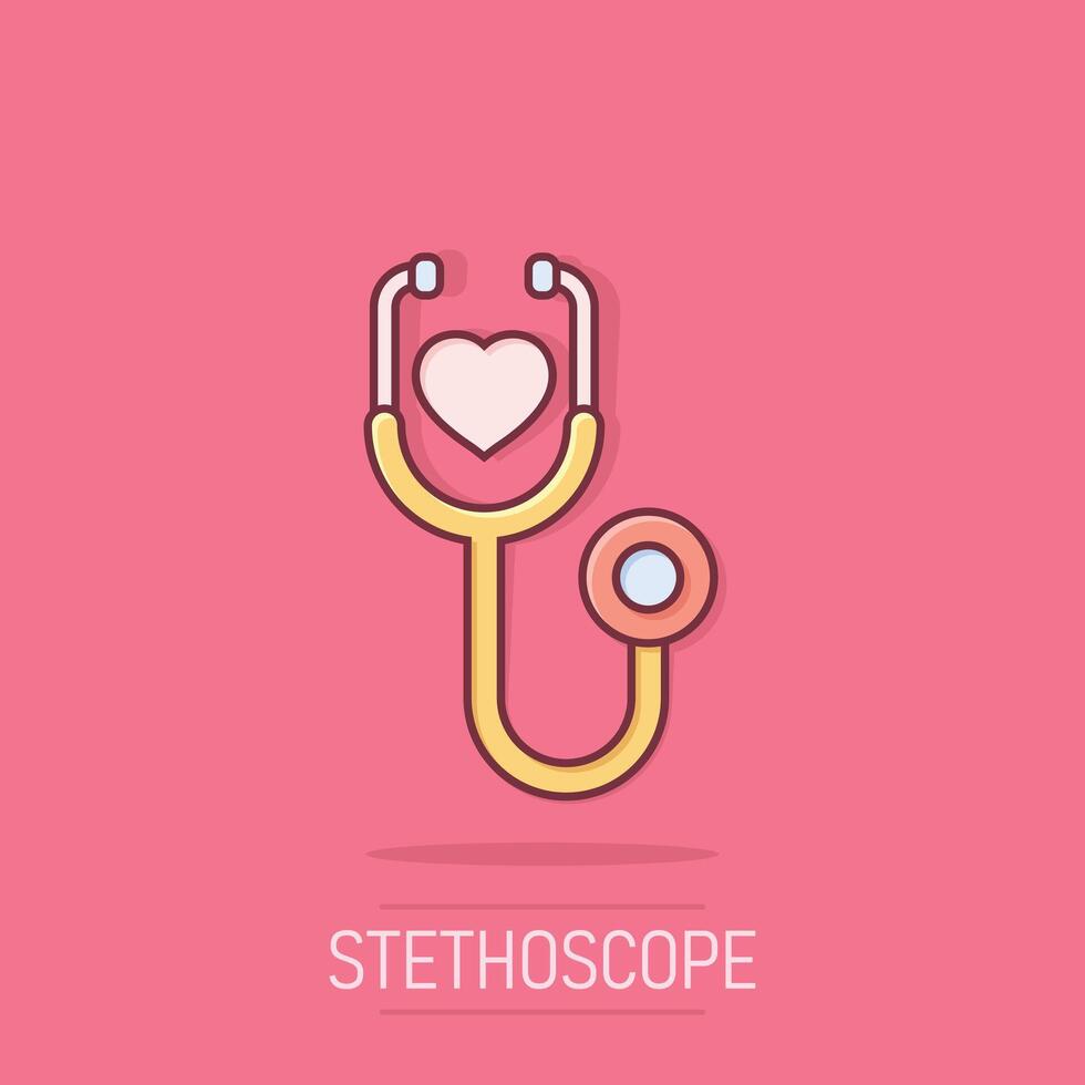 Stethoscope icon in comic style. Heart diagnostic cartoon illustration on isolated background. Medicine splash effect sign business concept. vector