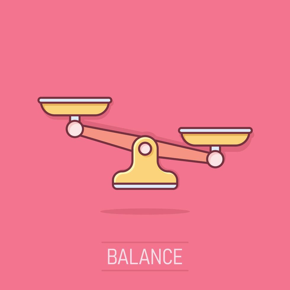 Scales icon in comic style. Libra cartoon illustration on isolated background. Mass comparison splash effect sign business concept. vector