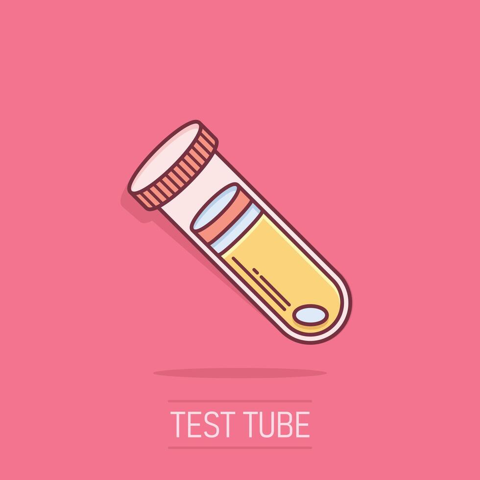 Blood in test tube icon in comic style. Laboratory flask cartoon illustration on isolated background. Liquid in beaker splash effect sign business concept. vector