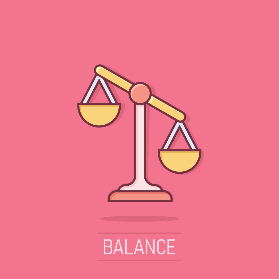 Scales icon in comic style. Libra cartoon illustration on isolated background. Mass comparison splash effect sign business concept. vector
