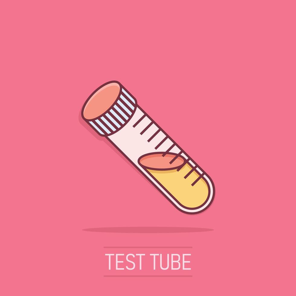 Blood in test tube icon in comic style. Laboratory flask cartoon illustration on isolated background. Liquid in beaker splash effect sign business concept. vector