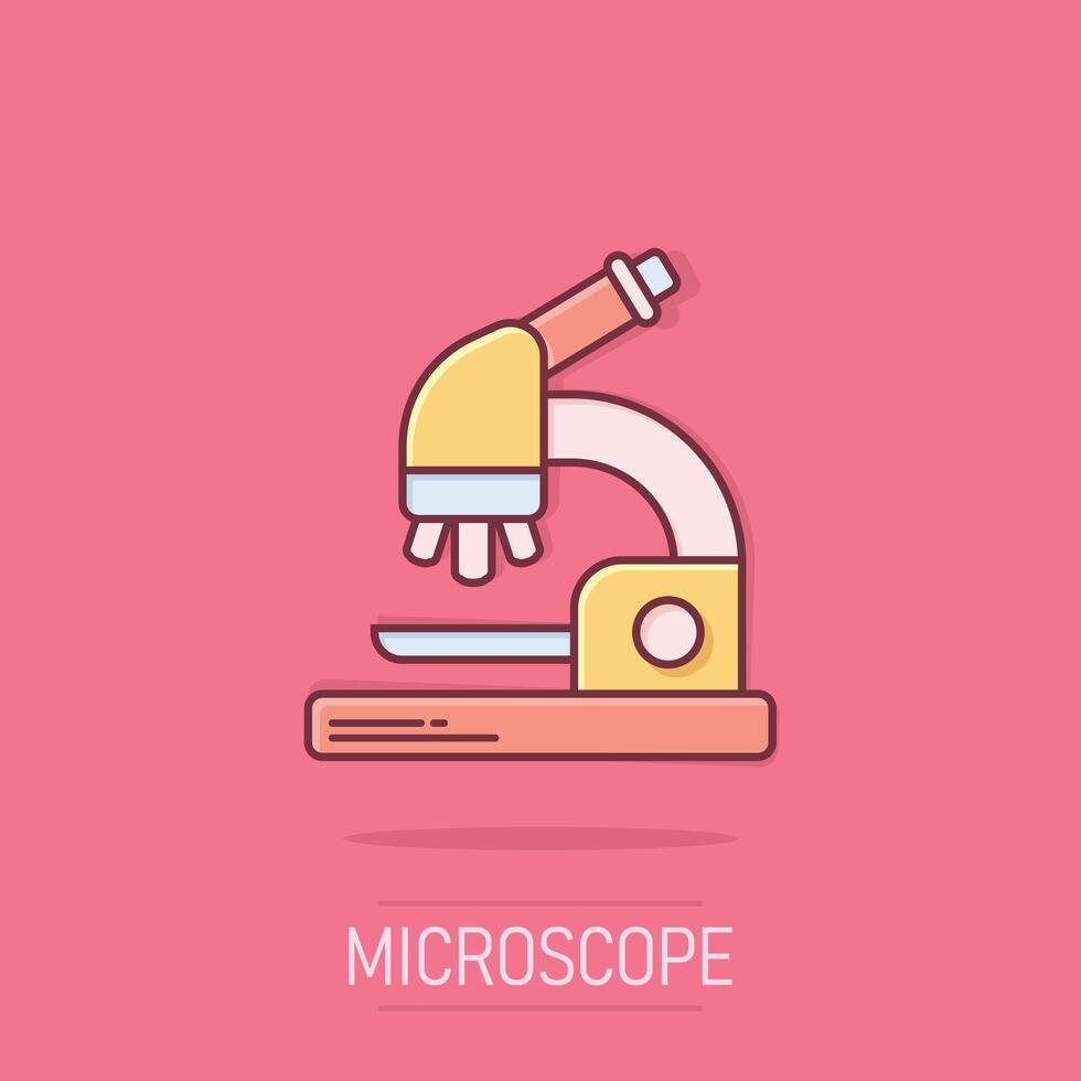 Microscope icon in comic style. Laboratory magnifier cartoon illustration on isolated background. Biology instrument splash effect sign business concept. vector