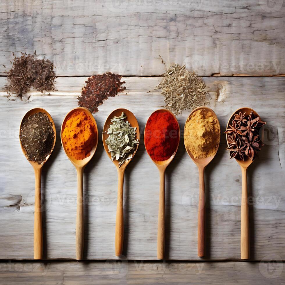 Spices and herbs in wooden spoons on a white wooden background photo