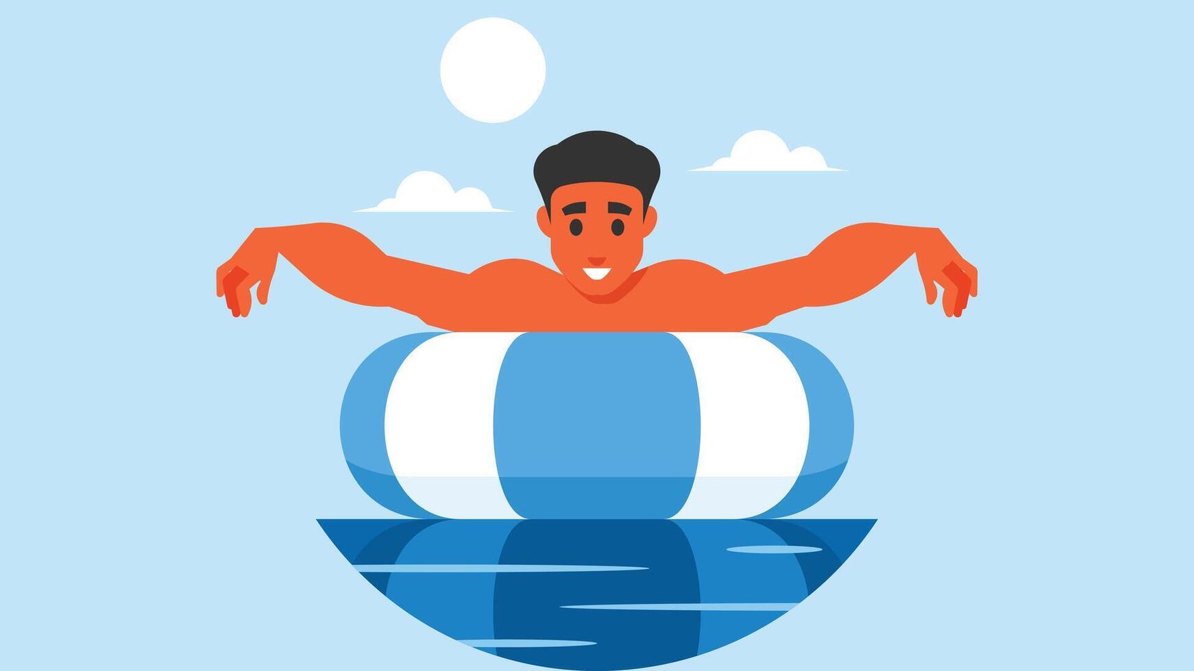 Person with inflatable ring swimming in the pool or ocean illustration vector