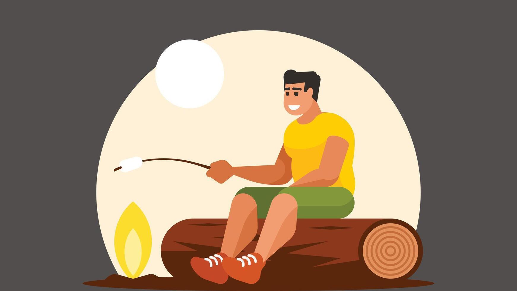 man in a camp cooking food on a campfire isolated illustration vector