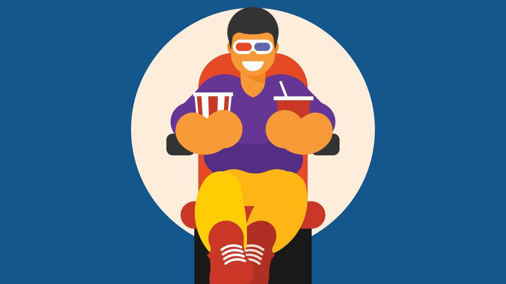 man in a cinema watching movies with popcorn and drink wearing a 3d glasses vector
