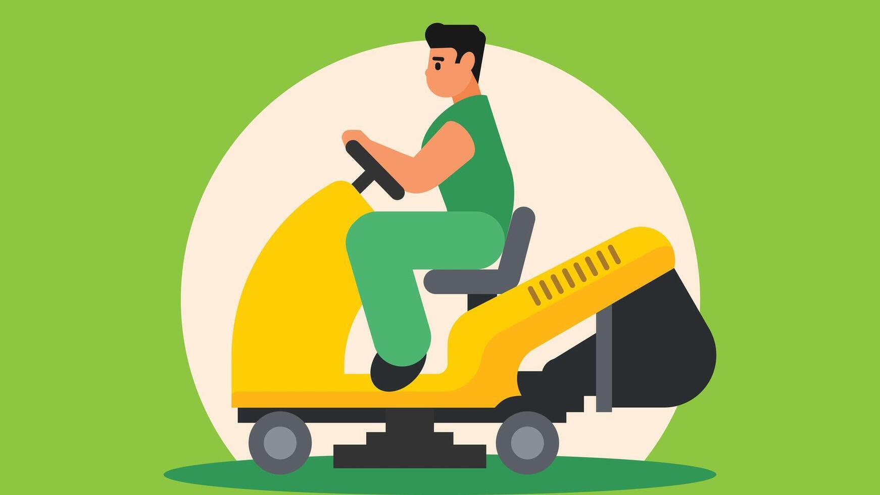 worker rides grass trimmer machine in a garden illustration vector