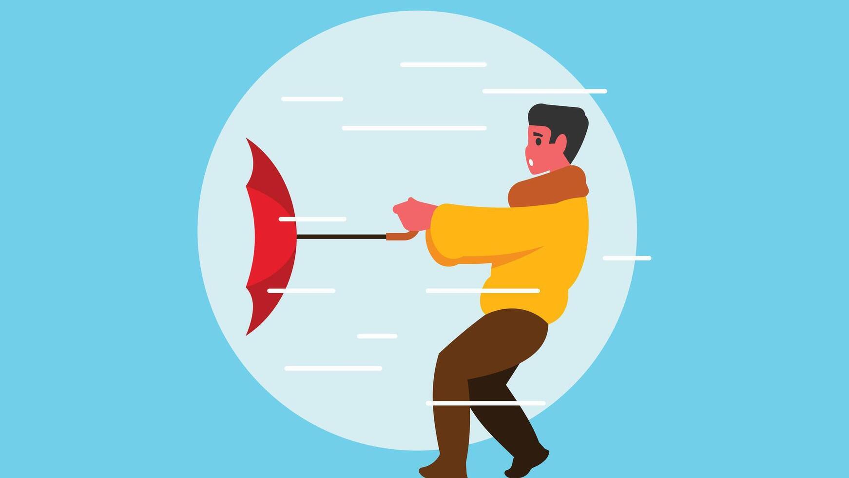 man holds umbrella in a windy weather abstract vector