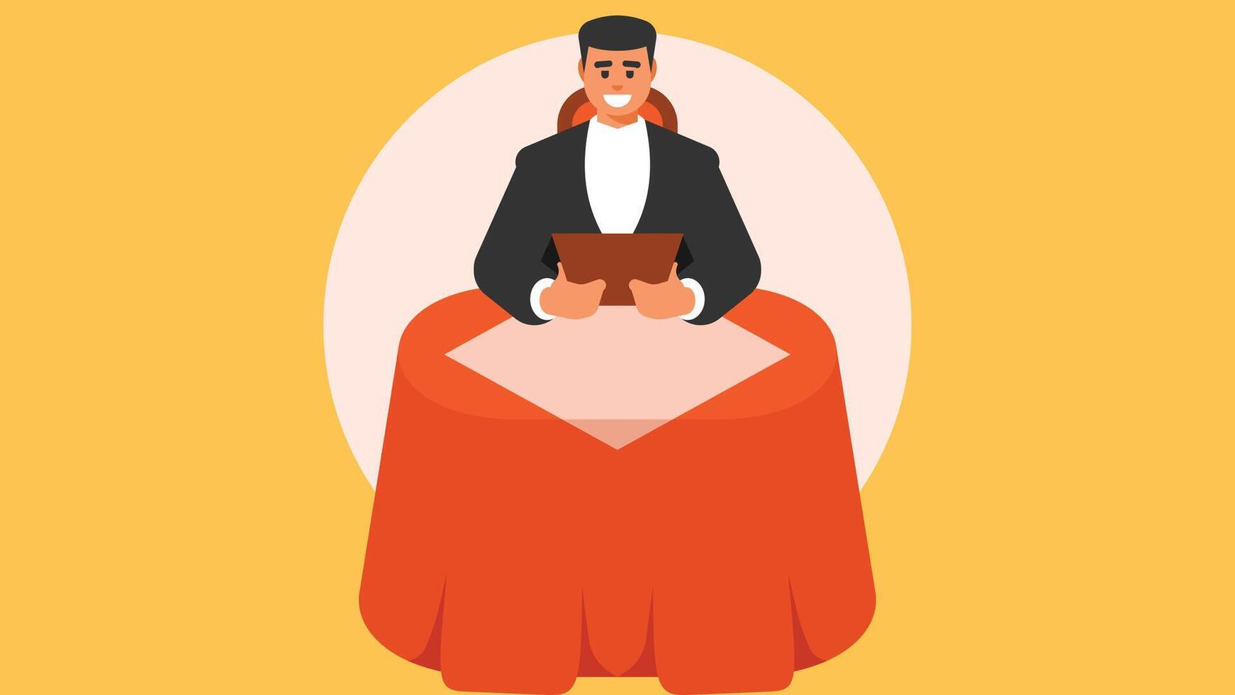 man in a restaurant looking at the food menu illustration vector