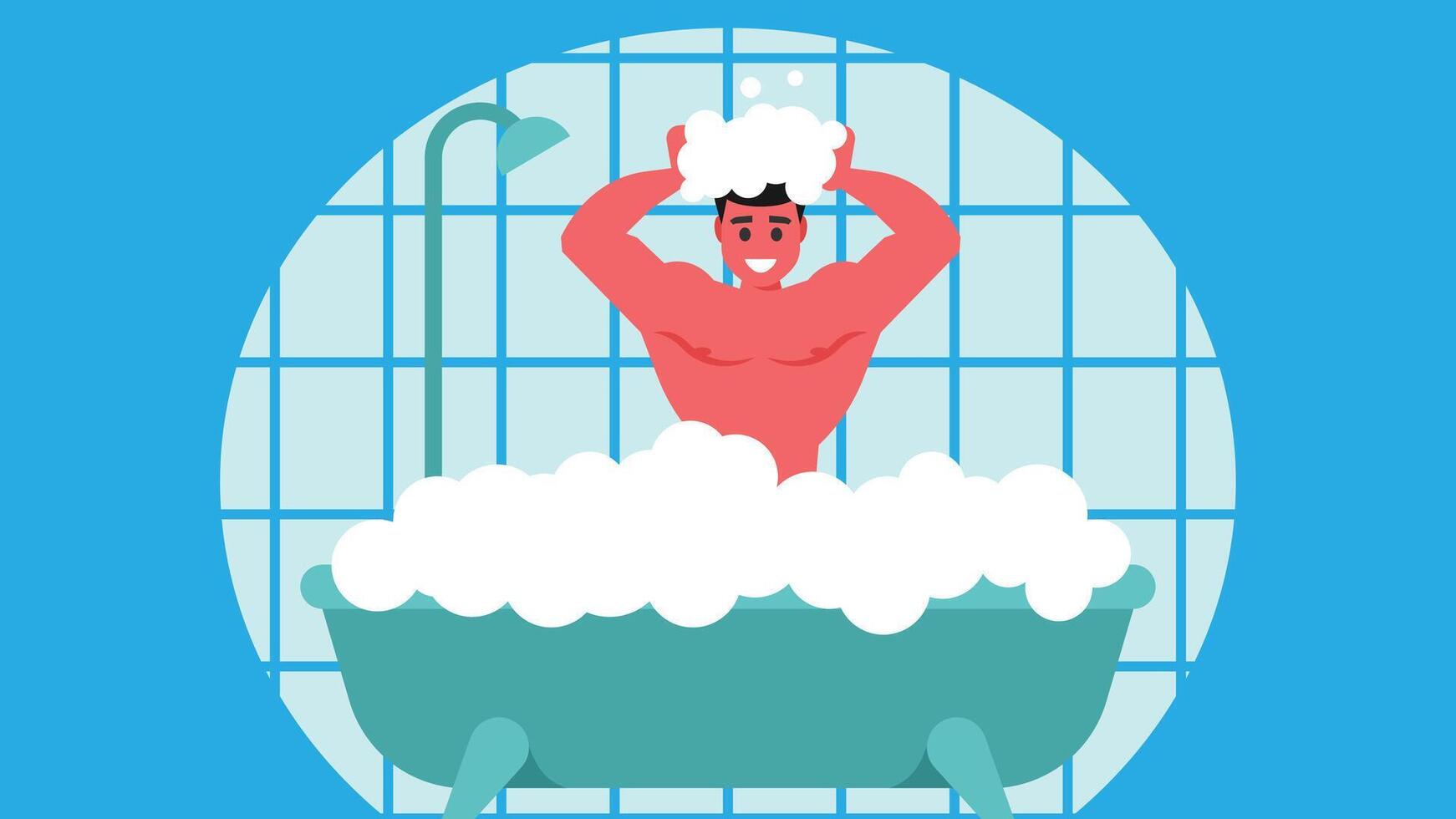 hombre tomando ducha en un bañera tina en baño ilustración vector