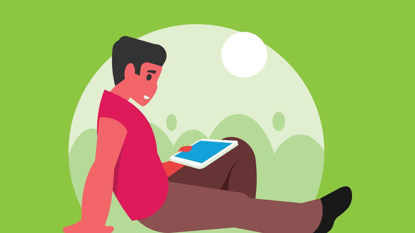 Person holds a tablet phone and focus with the screen illustration vector
