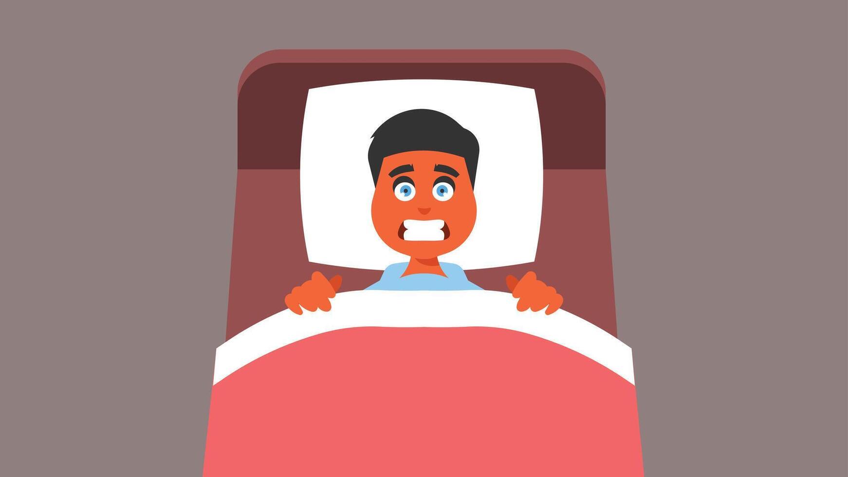 boy afraid from nightmare in his bed at night illustration vector