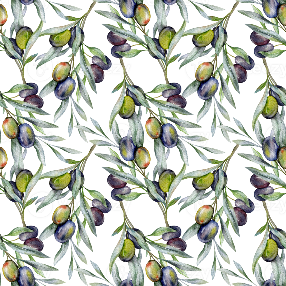 nahtlos Aquarell Oliven Muster mit Olive Geäst. Oliven Hintergrund zum Tapeten, Postkarten, Gruß Karten, Hochzeit lädt ein, Textil, Veranstaltungen. Blumen- Aquarell png