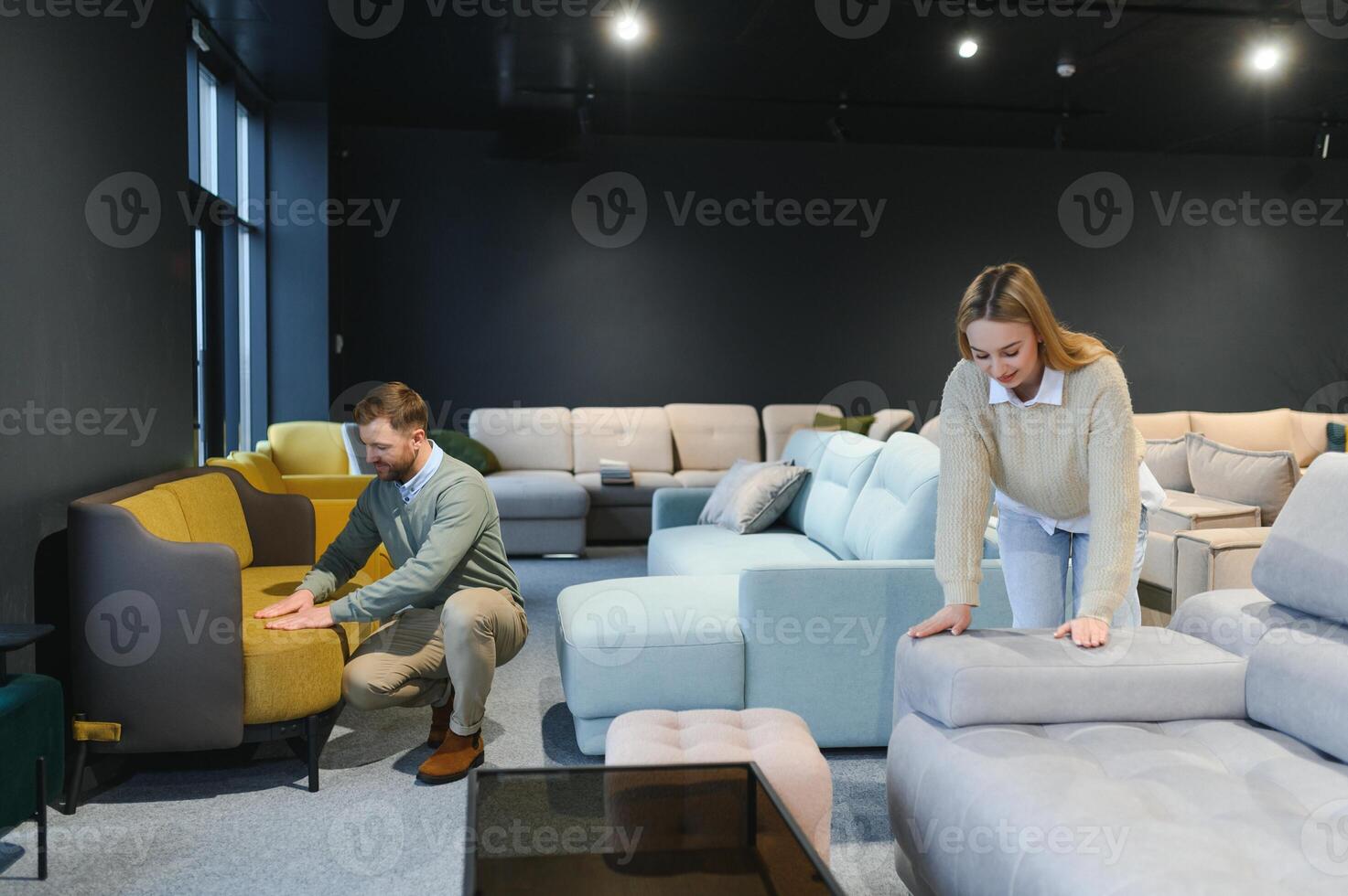 Happy couple choosing furniture in store photo