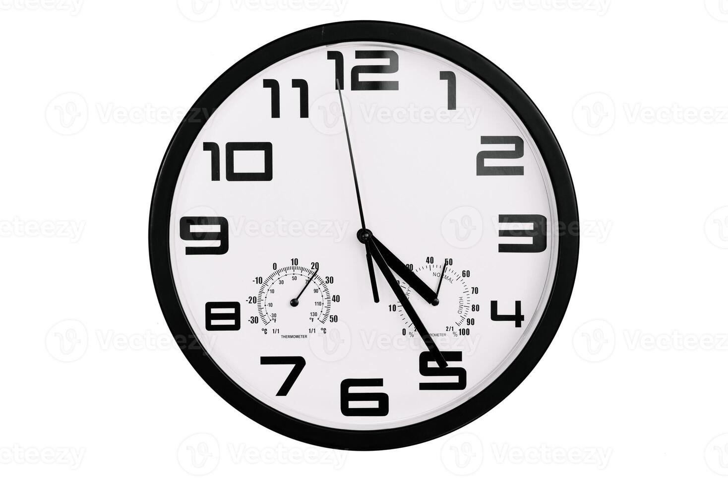 simple classic black and white round wall clock isolated on white. Clock with arabic numerals on wall shows photo