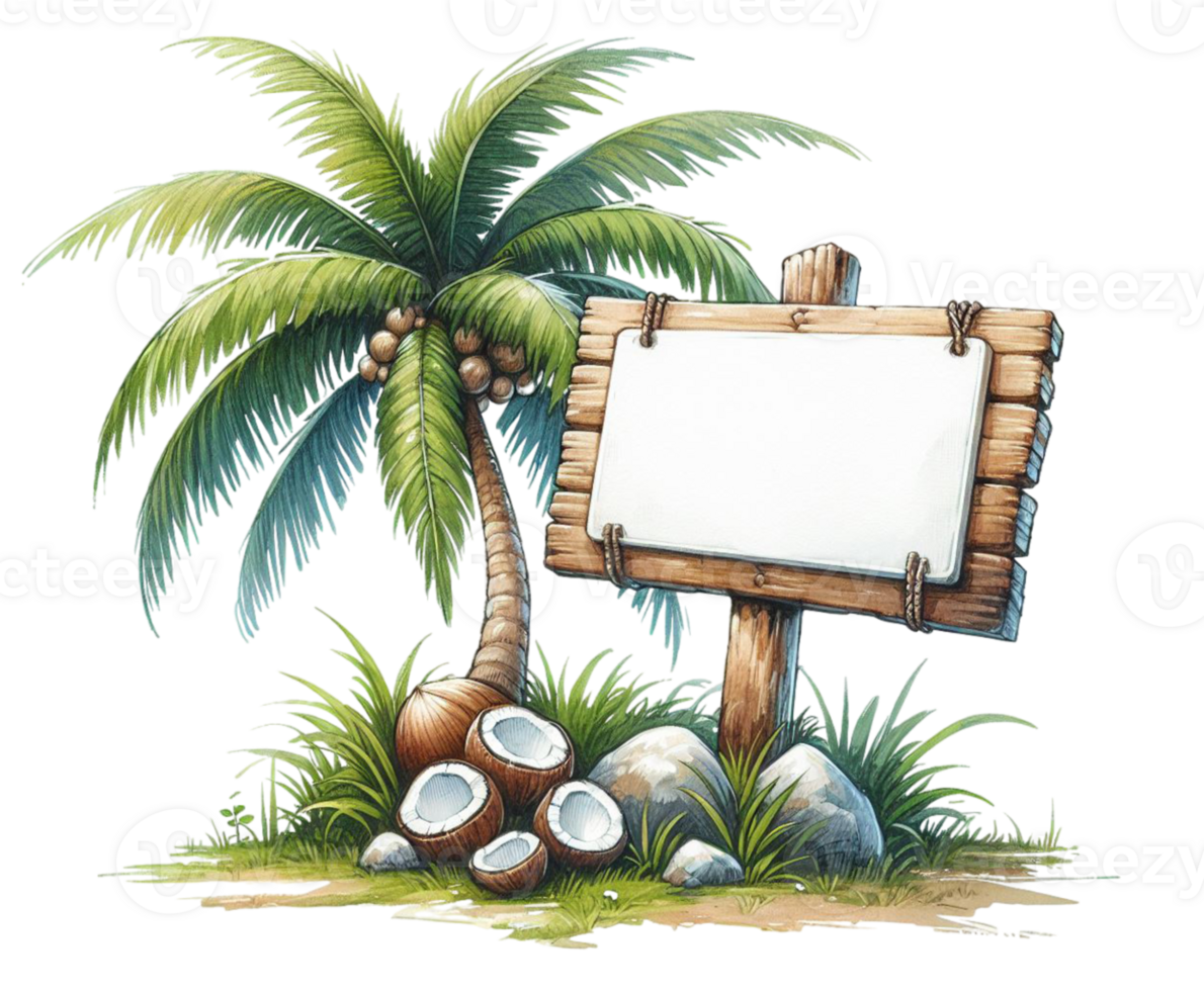 aigenerated coconut palm tree with empty signboard png