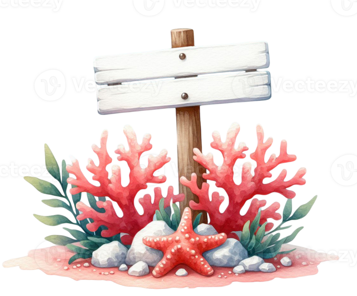 aigenerated coral and sea grasses with wooden signboard png