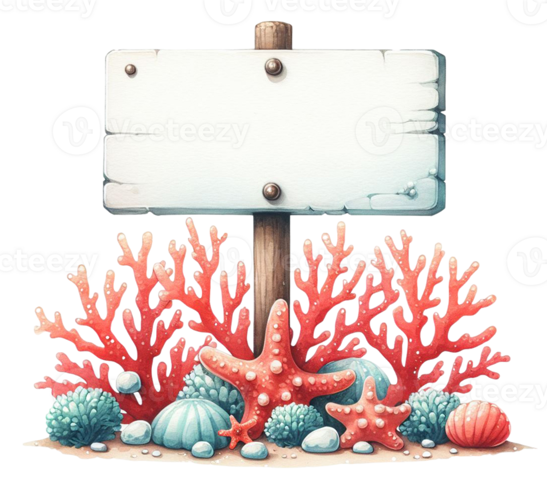 aigeneriert Koralle und Meer Gräser mit hölzern Schild png