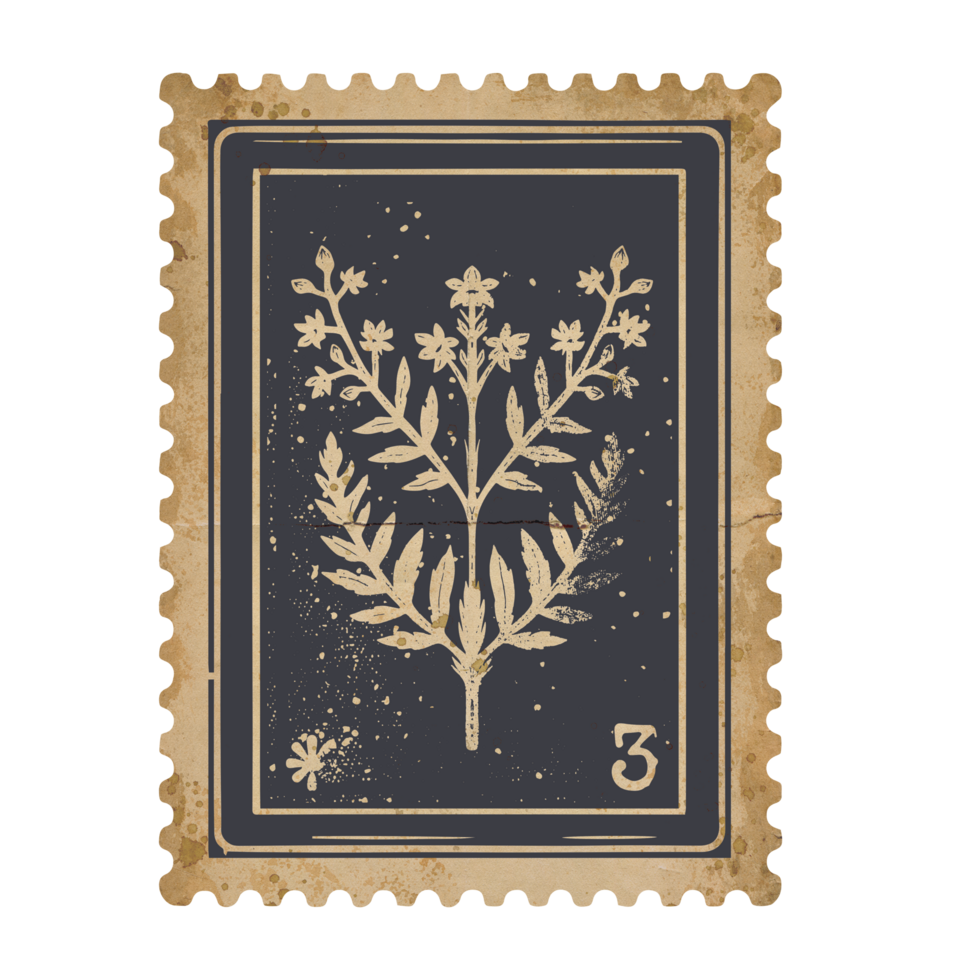 Vintage Floral Branch Postage Stamp Design in Monochrome with Grunge Details. Time-Worn Elegance for Scrapbooking png