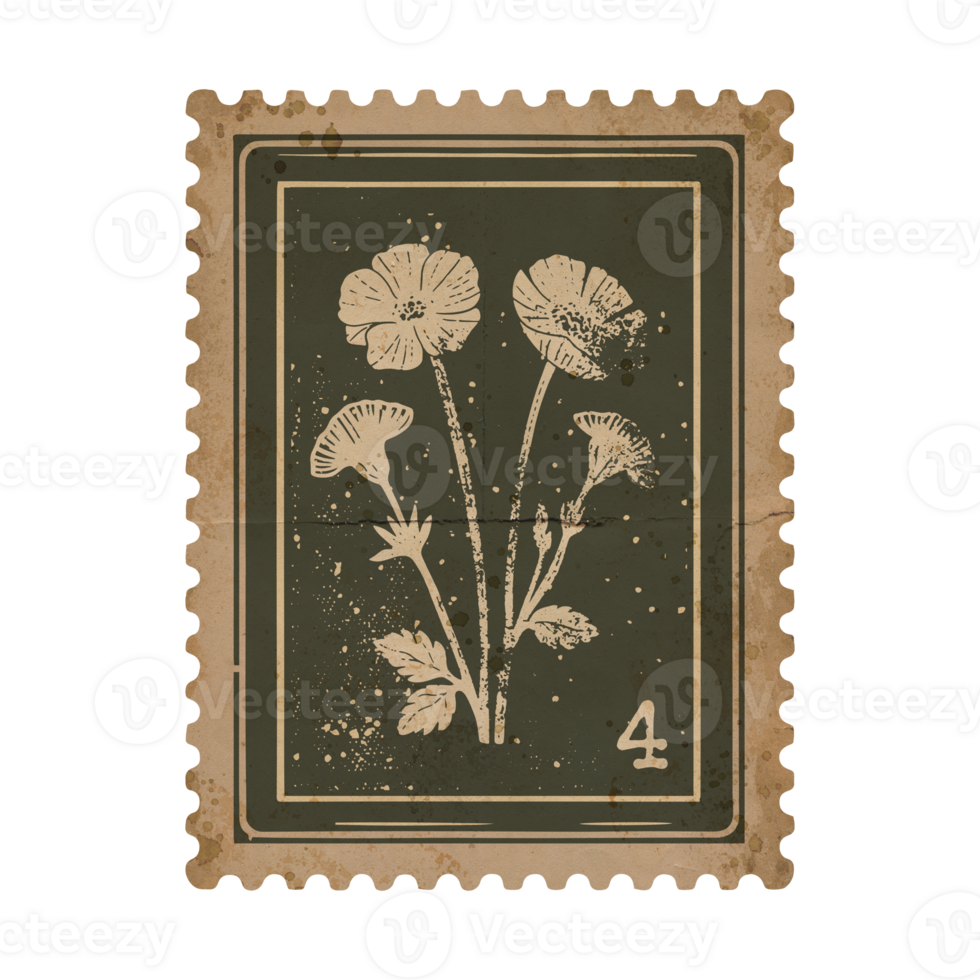 ancien floral branche affranchissement timbre conception dans monochrome avec grunge détails. usé par le temps élégance pour scrapbooking png