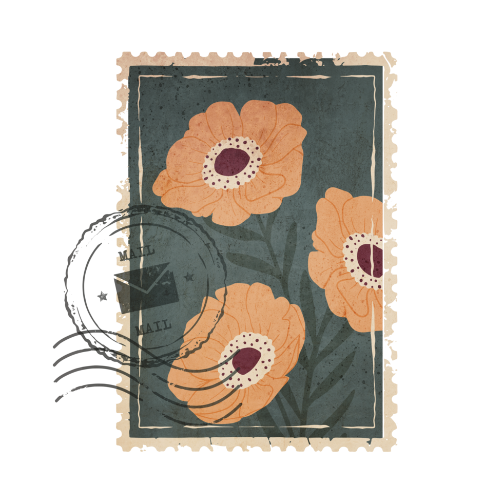 Vintage Botanical Postage Stamp. Old Mail Postmark with Flower Isolated on Transparent Background png