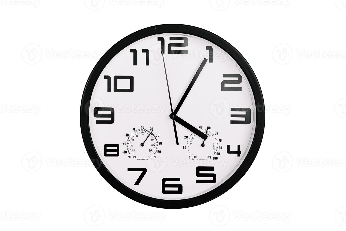 simple classic black and white round wall clock isolated on white. Clock with arabic numerals on wall shows photo