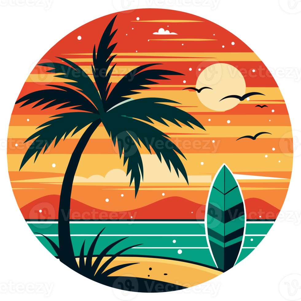 A groovy surfboard dominates the center of a circular design, which is flanked by ornate waves and under a radiant sun png