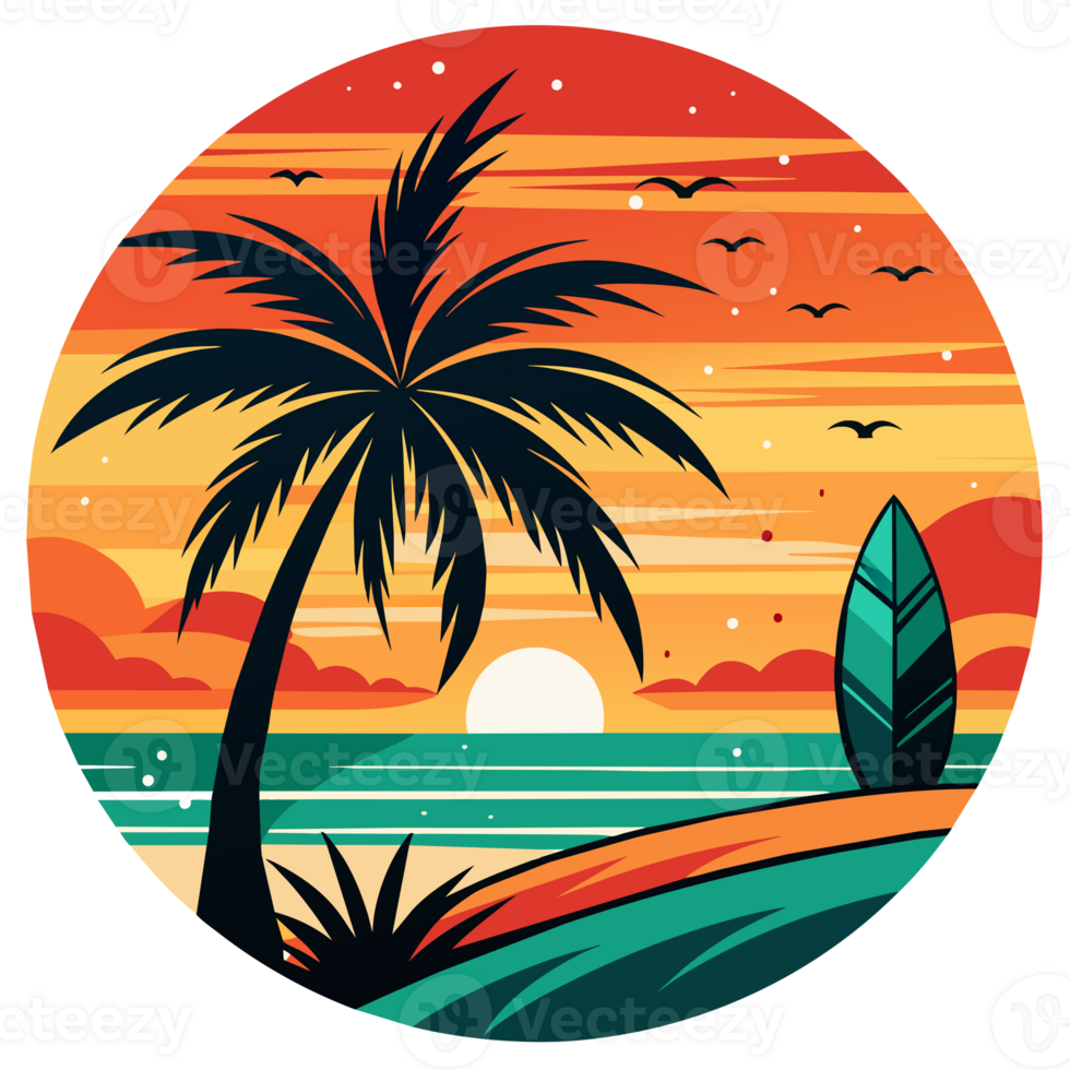 A groovy surfboard dominates the center of a circular design, which is flanked by ornate waves and under a radiant sun png