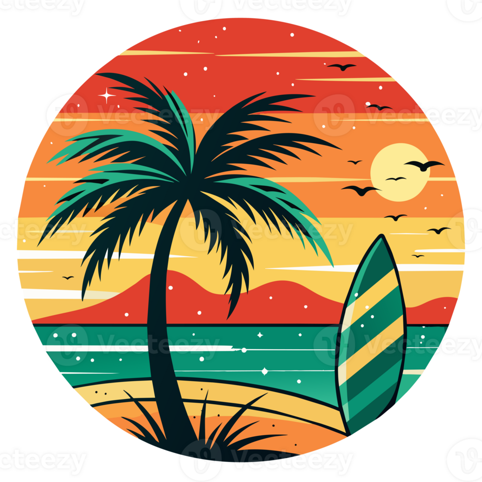 A groovy surfboard dominates the center of a circular design, which is flanked by ornate waves and under a radiant sun png