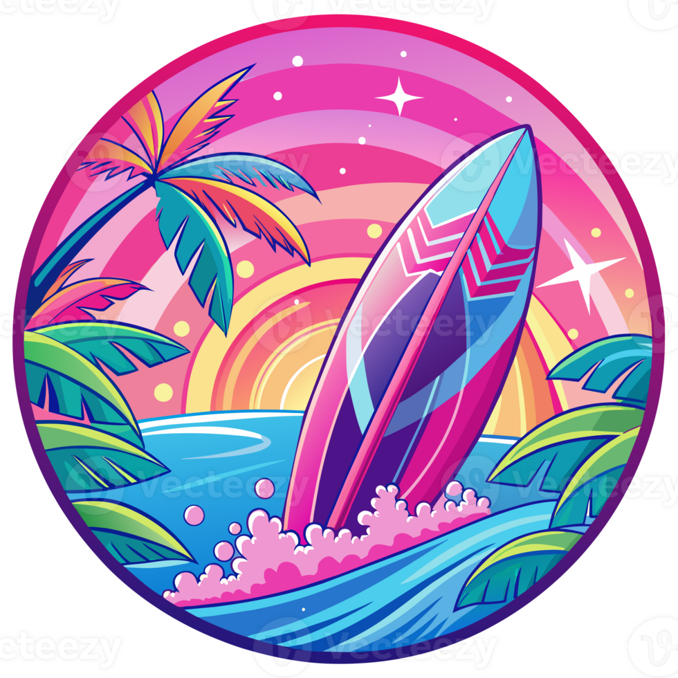 A surfboard dominates the center of a circular design, which is flanked by ornate waves and under a radiant sun png