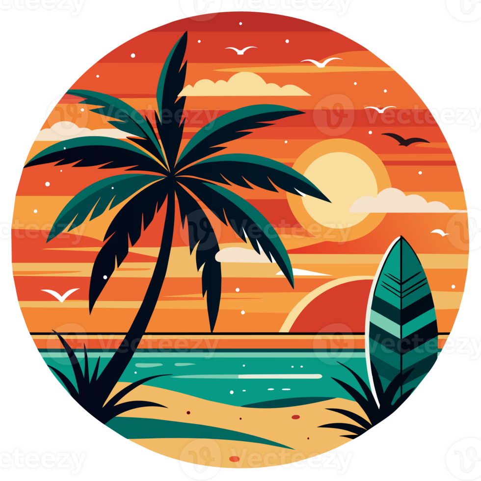 A groovy surfboard dominates the center of a circular design, which is flanked by ornate waves and under a radiant sun png