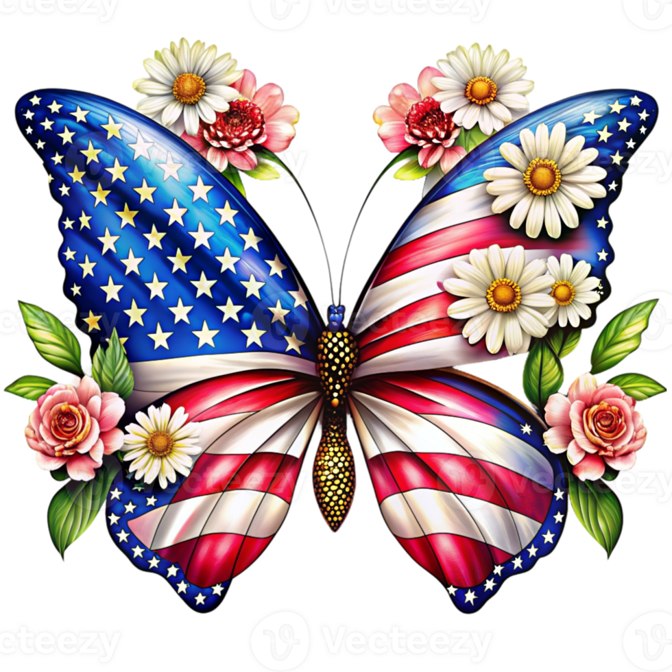 A butterfly with wings adorned in the pattern of the American flag white flowers png