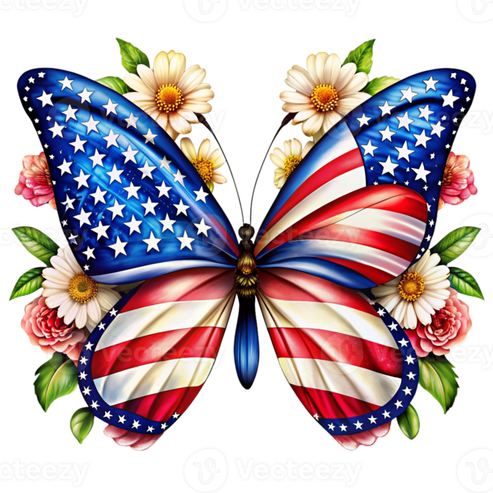 A butterfly with wings adorned in the pattern of the American flag white flowers png