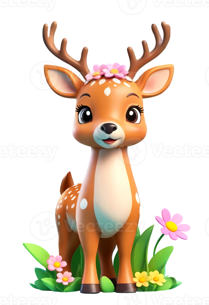3d baby deer cartoon character with flowers png