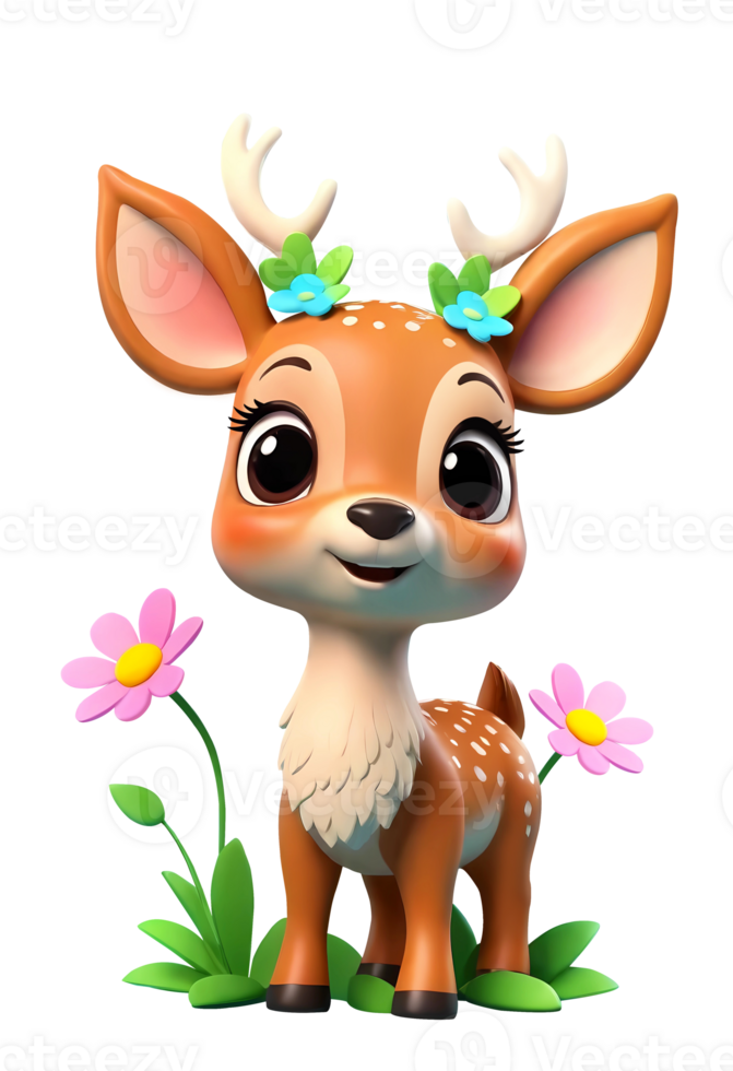 3d baby deer cartoon character with flowers png