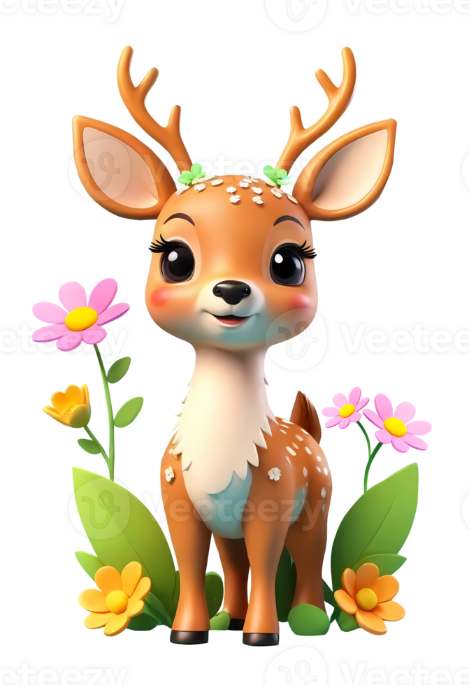 3d baby deer cartoon character with flowers png
