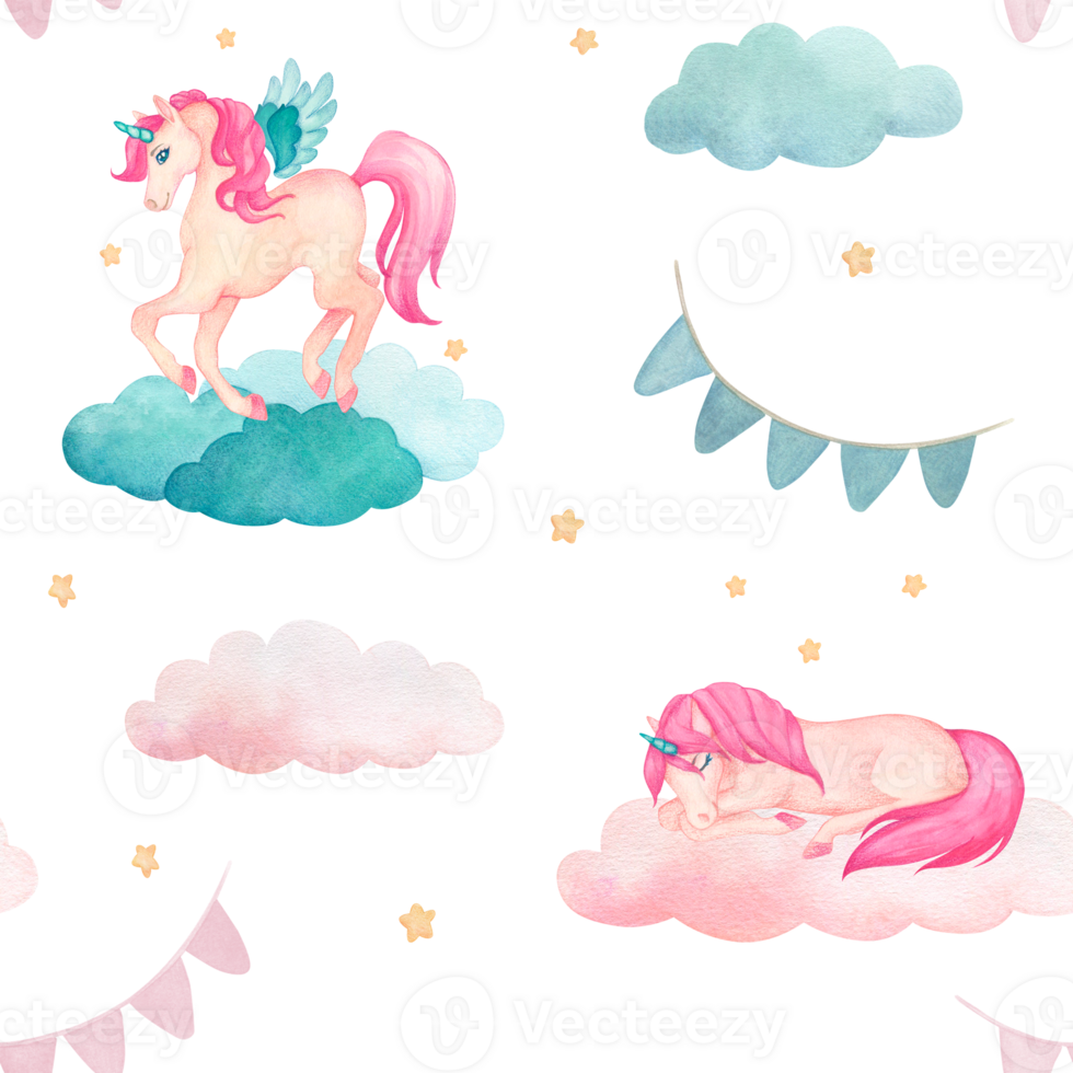 Watercolor seamless pattern with illustration of a cute unicorns on clouds with rainbow, stars, flags in pink and turquoise colors. Fairy-tale cartoon character png