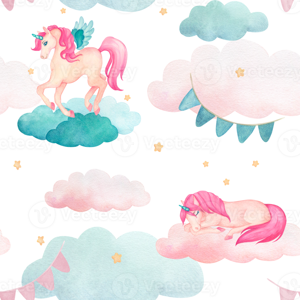 Watercolor seamless pattern with illustration of a cute unicorns on clouds with rainbow, stars, flags in pink and turquoise colors. Fairy-tale cartoon character png