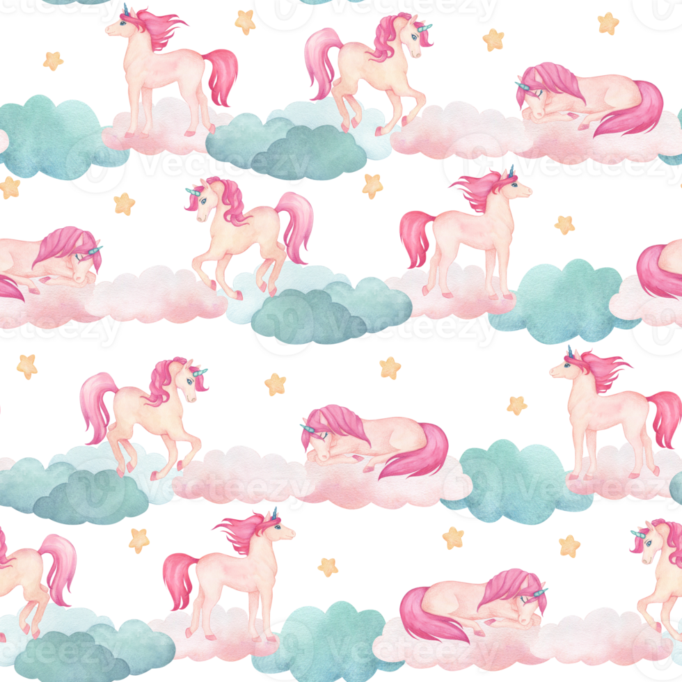 Watercolor seamless pattern with illustration of a cute unicorns on clouds with rainbow, stars, flags in pink and turquoise colors. Fairy-tale cartoon character png