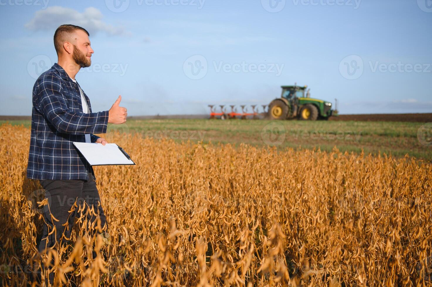 Agronomist inspects soybean crop in agricultural field - Agro concept - farmer in soybean plantation on farm photo