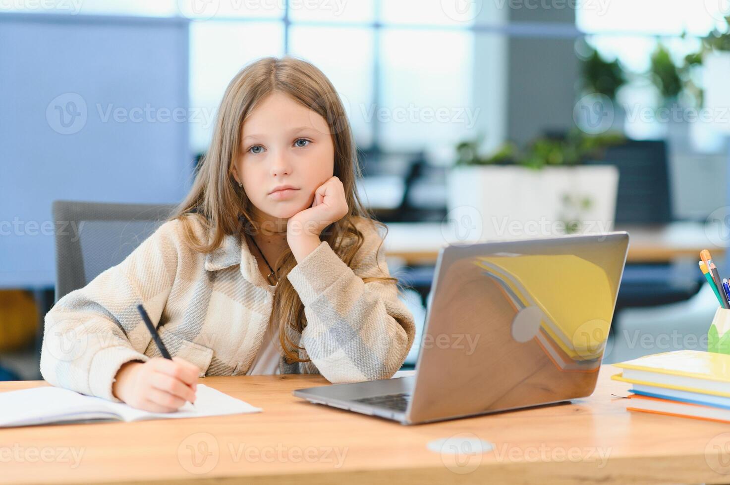 Wow, Online School. Happy Schoolgirl At Laptop Learning. Online Lesson And Educational Offer Posing At Home photo