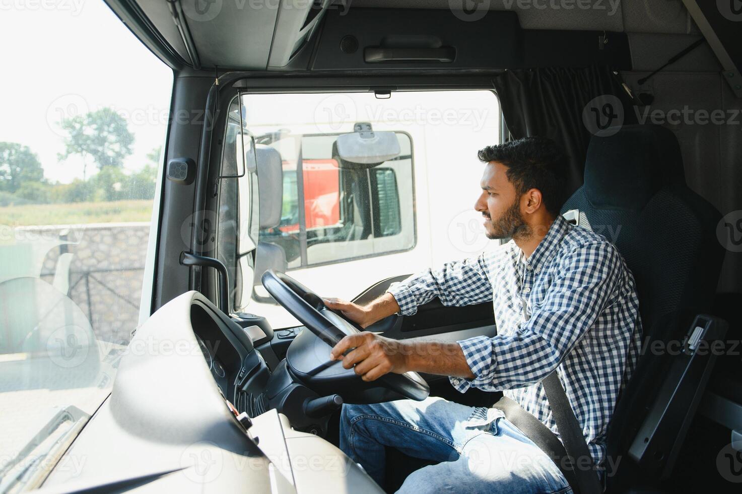 Happy professional truck driver driving his truck. Copy space. photo