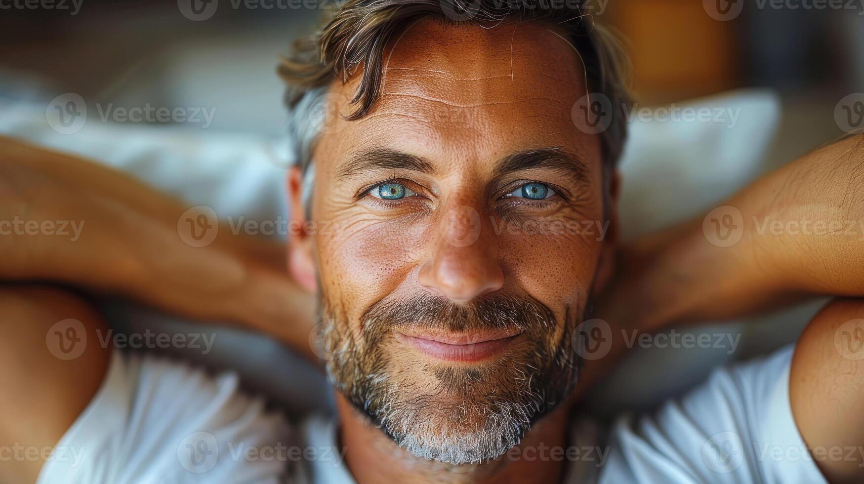 Close up of a person laying on a bed photo