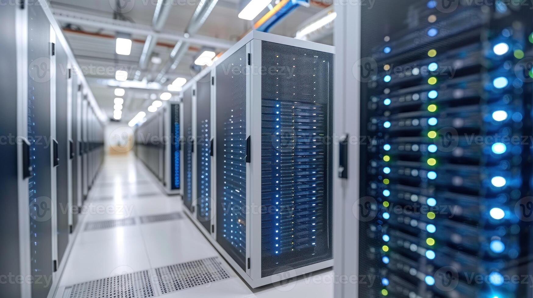 Neatly arranged rows of servers in a busy data center photo