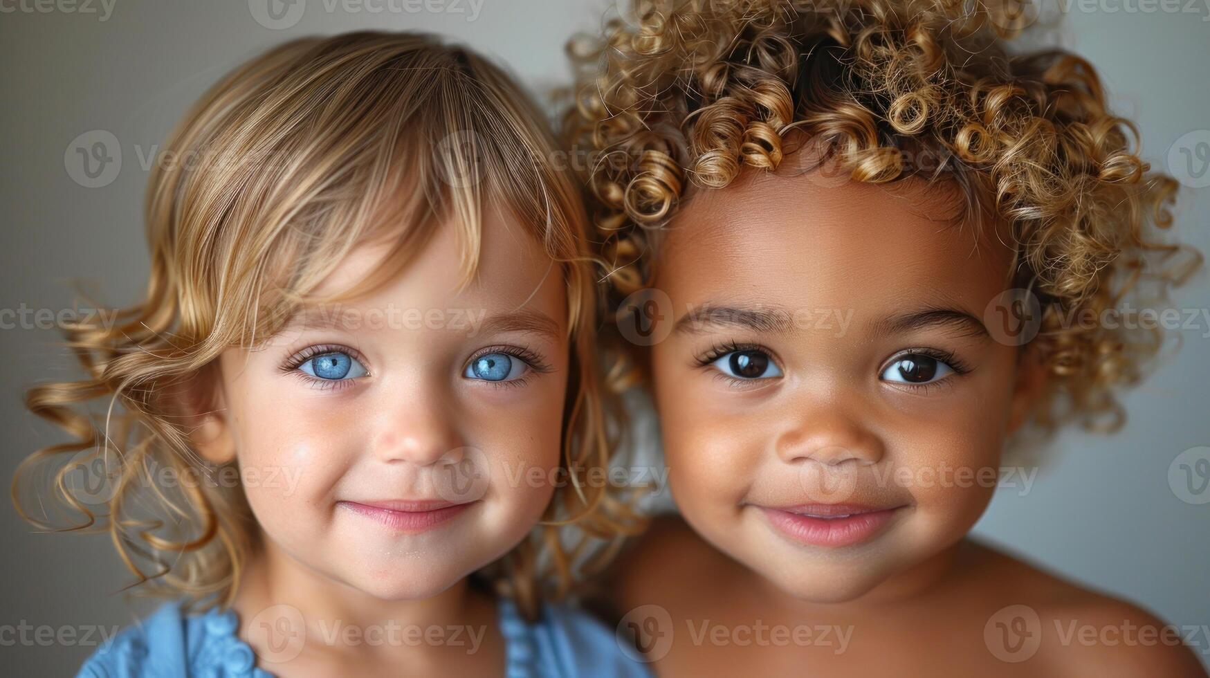 dos joven muchachas con Rizado pelo y azul ojos estar juntos foto