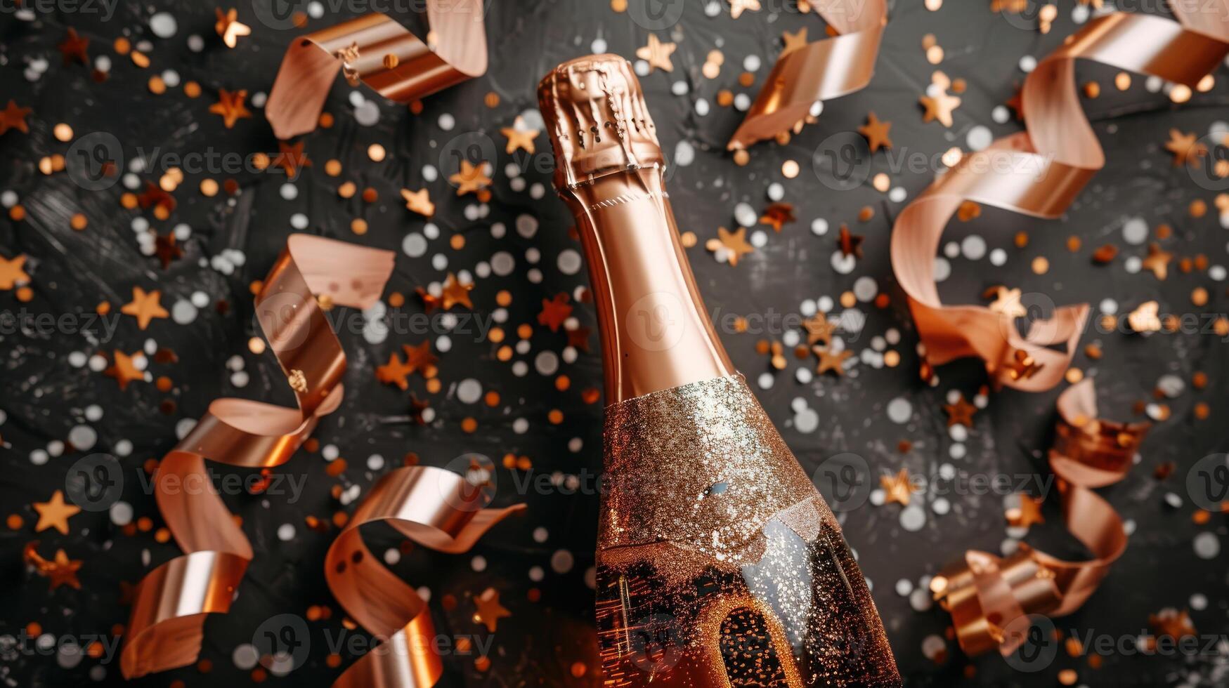 Bottle of champagne adorned with confetti and streamers photo