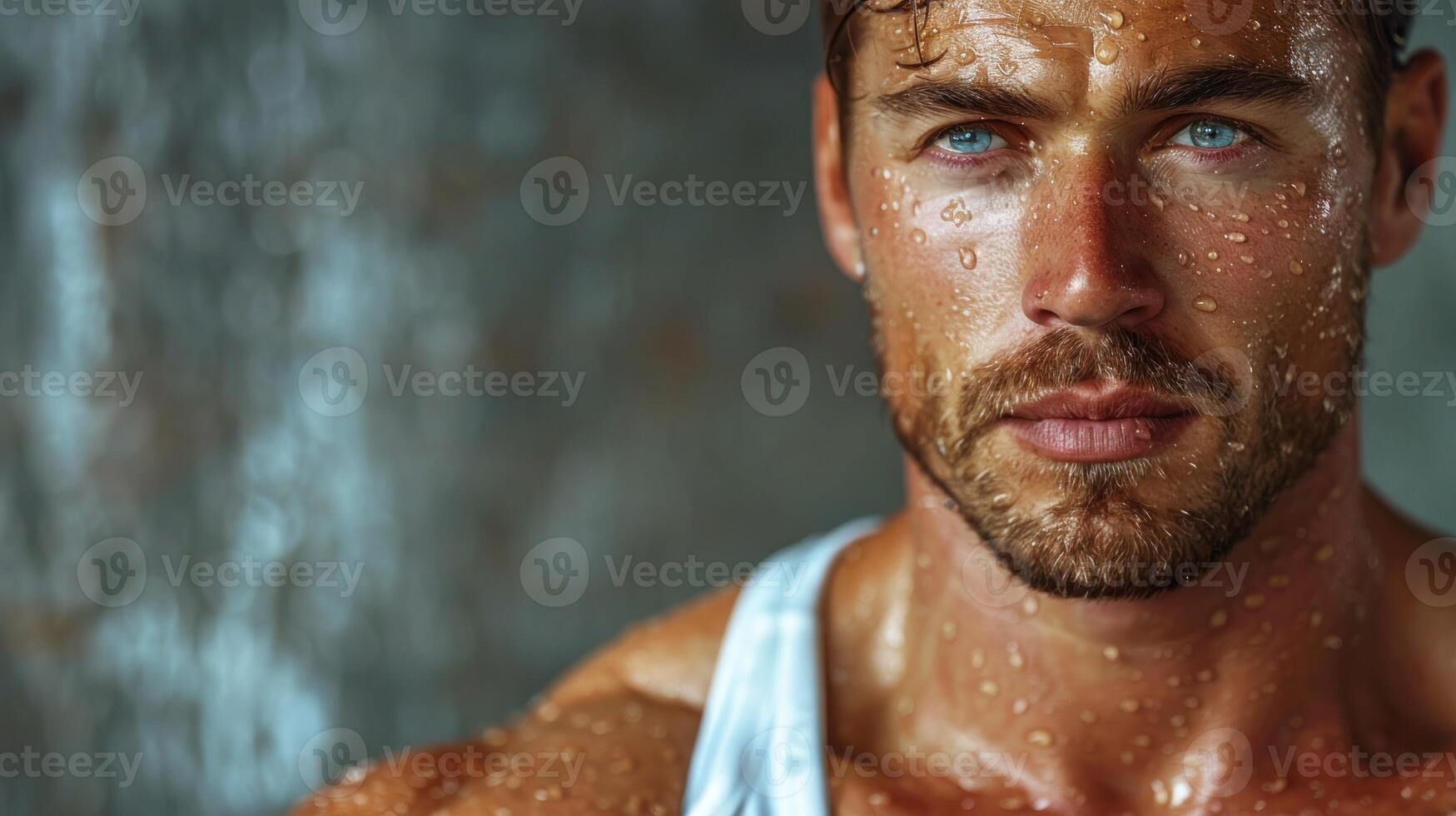 Close-up of a shirtless man with water dripping down his face photo