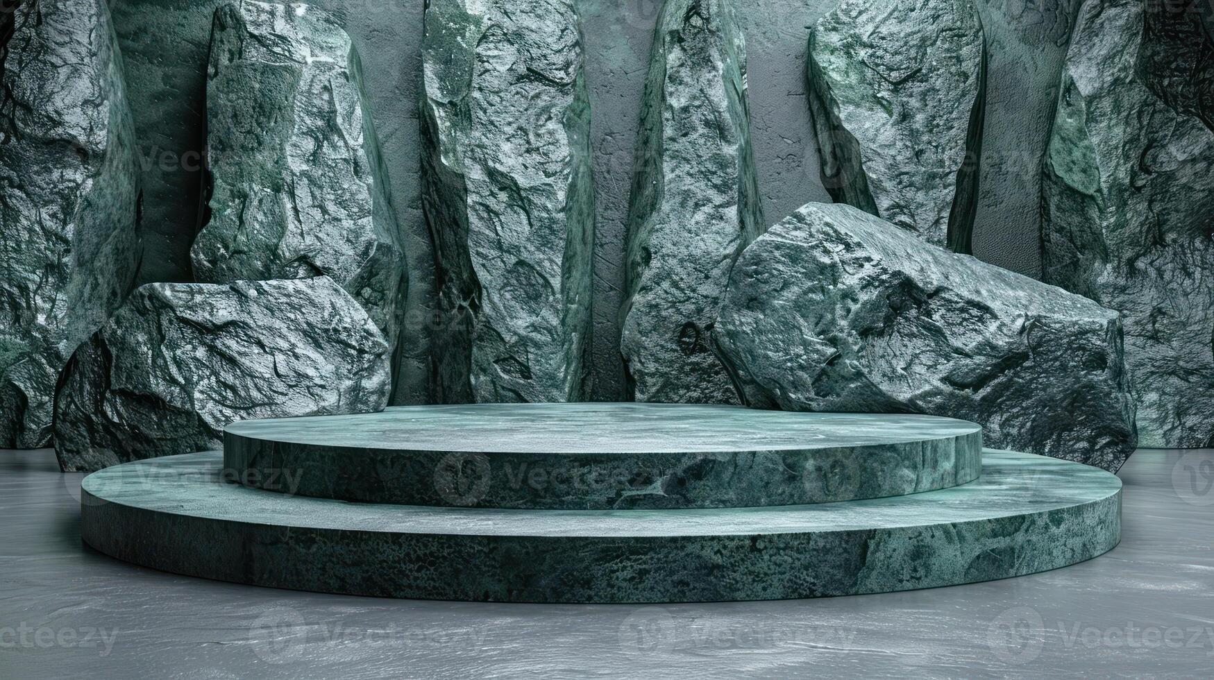 A large green sculpture is positioned in front of a stone wall photo