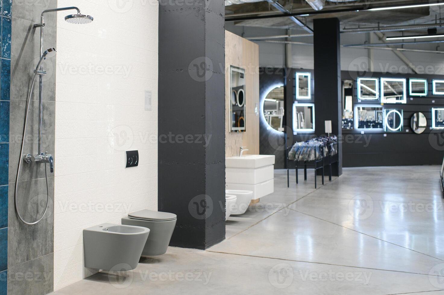 Toilet bowls in a home goods store photo