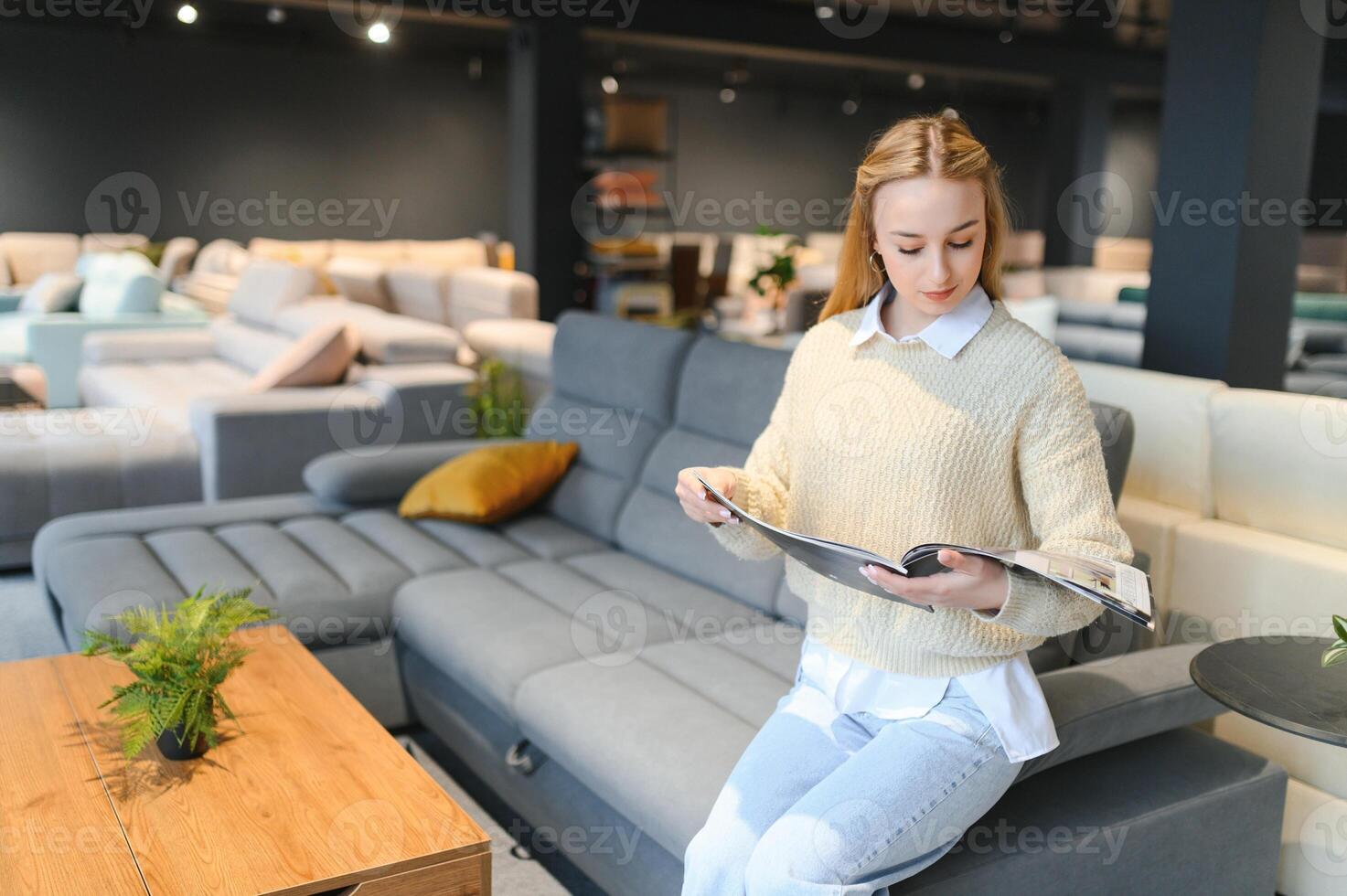 Woman buying furnitures in shop, selecting products photo